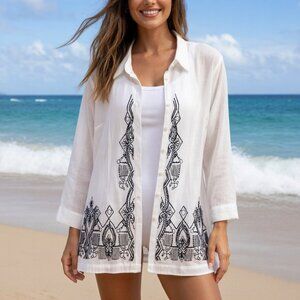 ZOZO Women's Sheer Lyocell Embroidered Button Up Shirt, Size M